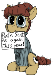 Size: 576x824 | Tagged: safe, artist:thebathwaterhero, oc, oc only, oc:cellophane, earth pony, pony, 2018 community collab, derpibooru community collaboration, clothes, mouth hold, sign, simple background, solo, sweater, transparent background