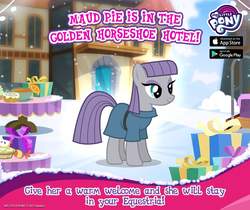 Size: 940x788 | Tagged: safe, gameloft, maud pie, earth pony, pony, g4, female, mare, present, smiling, snow, solo, when she smiles