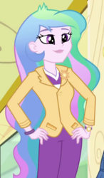 Size: 307x526 | Tagged: safe, screencap, princess celestia, principal celestia, human, best trends forever, equestria girls, equestria girls series, g4, best trends forever: pinkie pie, blazer, bracelet, clothes, cropped, cutie mark accessory, female, grin, jewelry, pants, shirt, smiley face, smiling, solo, watch, wristwatch