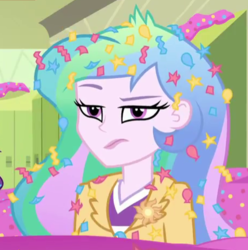 Size: 459x463 | Tagged: safe, screencap, princess celestia, principal celestia, best trends forever, best trends forever: pinkie pie, equestria girls, g4, my little pony equestria girls: better together, celestia is not amused, confetti, cropped, female, unamused