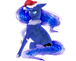 Size: 2000x1600 | Tagged: safe, artist:sofienriquez, princess luna, alicorn, pony, g4, annoyed, chest fluff, christmas, clothes, female, hat, holiday, looking at something, mare, santa hat, scarf, simple background, sitting, solo, transparent background