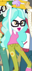 Size: 193x424 | Tagged: safe, screencap, paisley, best trends forever, best trends forever: twilight sparkle, equestria girls, g4, my little pony equestria girls: better together, armpits, clothes, cropped, floral print, glasses, jeans, open mouth, pants, sleeveless, smiling, socks, tank top