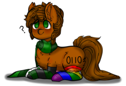 Size: 4332x2940 | Tagged: safe, artist:binary6, artist:php172, oc, oc only, oc:binary6, pony, blushing, clothes, cute, digital art, mismatched socks, rainbow socks, scarf, simple background, socks, solo, striped socks, transparent background