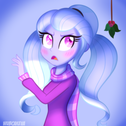 Size: 900x900 | Tagged: dead source, safe, artist:wubcakeva, sugarcoat, equestria girls, g4, blushing, clothes, cute, female, holly, holly mistaken for mistletoe, mistletoe, open mouth, scarf, solo, sugarcute, sweater, unamused