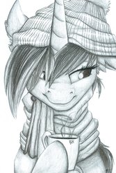 Size: 1600x2400 | Tagged: safe, artist:tillie-tmb, oc, oc only, oc:tempest, pony, unicorn, clothes, coffee, female, mare, monochrome, scarf, solo, traditional art