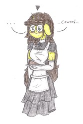 Size: 4696x7032 | Tagged: safe, artist:binary6, oc, oc only, oc:happy wigglesworth, unicorn, anthro, absurd resolution, clothes, female, freckles, frustrated, glasses, long hair, maid, rule 63, solo, traditional art
