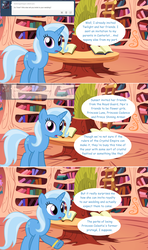 Size: 1280x2168 | Tagged: safe, artist:hakunohamikage, trixie, pony, ask-princesssparkle, g4, ask, book, bookshelf, female, golden oaks library, mare, solo, tumblr