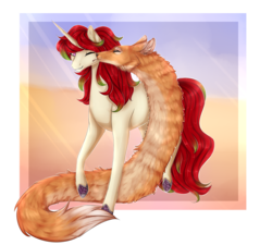 Size: 2000x1800 | Tagged: safe, artist:lou1911, oc, oc only, fox, hybrid, pony, snake, unicorn, crepuscular rays, cute, desert, female, fluffy, grin, licking, mare, one eye closed, raised hoof, smiling, tongue out, wink
