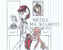 Size: 4130x3281 | Tagged: safe, artist:binary6, oc, oc only, oc:binary6, oc:blackjack, pony, unicorn, fallout equestria, clothes, five nights at freddy's, lined paper, notice me senpai, security, senpai, shirt, traditional art
