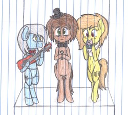 Size: 7429x6704 | Tagged: safe, artist:binary6, oc, oc only, oc:binary2, oc:binary6, oc:binary7, pony, robot, robot pony, absurd resolution, bass guitar, belly button, bonnie (fnaf), bowtie, chica, crossover, cupcake, cute, five nights at freddy's, food, freddy fazbear, hat, lined paper, microphone, musical instrument, top hat, traditional art