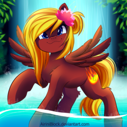 Size: 2222x2222 | Tagged: safe, artist:airiniblock, oc, oc only, oc:rosa charm, pegasus, pony, rcf community, :3, female, flower, flower in hair, high res, mare, pegasus oc, solo, waterfall