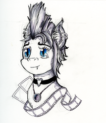 Size: 695x812 | Tagged: safe, artist:dreamingnoctis, oc, oc only, bat pony, pony, choker, collar, fangs, female, film, goth, mare, mohawk, photographer, punk, sketch, solo, traditional art