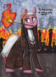 Size: 1720x2352 | Tagged: safe, artist:colouredteapot, pinkie pie, pony, g4, clothes, female, fire, human facial structure, mare, mouth hold, nun, pinkamena diane pie, russian, solo, traditional art
