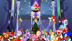 Size: 4300x2419 | Tagged: safe, artist:trungtranhaitrung, applejack, pinkie pie, rainbow dash, rarity, starlight glimmer, sunset shimmer, twilight sparkle, oc, alicorn, pony, g4, blaze the cat, christmas, christmas tree, classic sonic, crossover, doctor eggman, gadget the wolf, holiday, knuckles the echidna, male, miles "tails" prower, present, shadow the hedgehog, sonic forces, sonic the hedgehog, sonic the hedgehog (series), tree, twilight sparkle (alicorn)