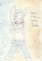 Size: 683x990 | Tagged: safe, artist:slightlyshade, sugarcoat, anthro, equestria girls, g4, bedroom eyes, belly button, bunny ears, clothes, drawing, glasses, looking at you, pants, tank top, traditional art, watercolor painting