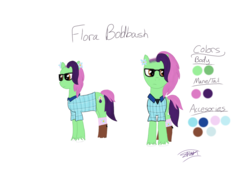 Size: 1024x768 | Tagged: safe, artist:radiancedashzelda, oc, oc only, oc:flora boldbash, earth pony, pony, boots, clothes, ear piercing, earring, female, flannel, glasses, jewelry, mare, piercing, plaid shirt, reference sheet, shoes, simple background, socks, solo, undercut, unshorn fetlocks, white background