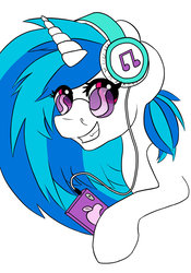 Size: 1024x1463 | Tagged: safe, artist:pinacolada12x, dj pon-3, vinyl scratch, pony, unicorn, g4, bust, female, grin, headphones, hoof hold, iphone, looking at you, mare, simple background, solo, white background