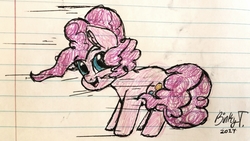 Size: 3287x1850 | Tagged: safe, artist:binkyt11, pinkie pie, earth pony, pony, g4, chibi, female, lined paper, looking at you, mare, sliding, smiling, solo, traditional art