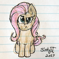 Size: 1858x1858 | Tagged: safe, artist:binkyt11, fluttershy, pony, g4, angry, chibi, female, lined paper, looking at you, sitting, solo, traditional art