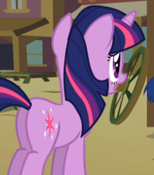 Size: 527x599 | Tagged: safe, screencap, twilight sparkle, pony, unicorn, g4, over a barrel, butt, cropped, female, mare, plot, solo, twibutt, unicorn twilight