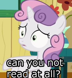 Size: 437x475 | Tagged: safe, edit, edited screencap, screencap, sweetie belle, pony, unicorn, g4, the fault in our cutie marks, confused, female, filly, image macro, meme, reaction image, shrunken pupils, solo