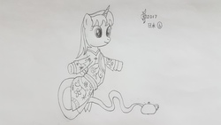 Size: 4032x2268 | Tagged: safe, artist:parclytaxel, oc, oc only, oc:parcly taxel, alicorn, genie, genie pony, pony, ain't never had friends like us, albumin flask, parcly taxel in japan, alicorn oc, clothes, female, horn, horn ring, japan, kimono (clothing), kyoto, lineart, looking down, mare, monochrome, pencil drawing, smiling, solo, story included, teapot, traditional art, vaguely asian robe