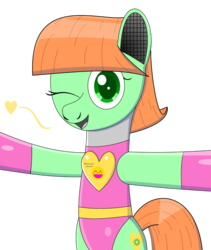 Size: 1263x1500 | Tagged: safe, artist:trackheadtherobopony, oc, oc only, oc:goldheart, pony, robot, robot pony, clothes, cute, heart, hug, leotard, looking at you, one eye closed, simple background, solo, transparent background, wink