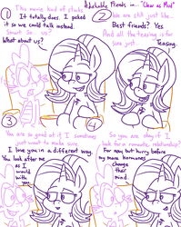 Size: 1280x1611 | Tagged: safe, artist:adorkabletwilightandfriends, spike, starlight glimmer, dragon, pony, unicorn, comic:adorkable twilight and friends, g4, adorkable friends, chest fluff, comic, couch, dialogue, female, food, japes, lidded eyes, lineart, looking at each other, mare, popcorn, sitting, slice of life, smiling, teasing