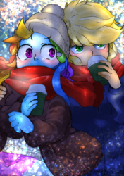 Size: 816x1158 | Tagged: safe, artist:kogarasumaru24, applejack, rainbow dash, equestria girls, g4, chocolate, clothes, drinking, duo, female, hot chocolate, jacket, lesbian, scarf, ship:appledash, shipping, skirt, sweater