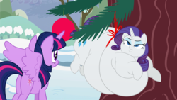 Size: 3840x2160 | Tagged: safe, artist:mellowhen, artist:neongothic, rarity, twilight sparkle, alicorn, pony, bbw, belly, big belly, chubby cheeks, fat, hearth's warming, hearth's warming eve, holiday, morbidly obese, obese, ornament, pine tree, raritubby, scrunchy face, snow, tree, tree branch, twilight sparkle (alicorn), winter