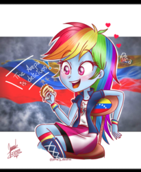 Size: 800x973 | Tagged: safe, artist:janadashie, rainbow dash, equestria girls, g4, arepa, blushing, clothes, dialogue, female, floating heart, food, heart, multicolored hair, sitting, smiling, solo, venezuela