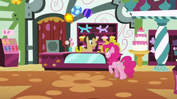 Size: 1280x720 | Tagged: safe, screencap, cherry cola, cherry fizzy, pinkie pie, pony, discordant harmony, g4, my little pony: friendship is magic, bits, butt, cake, candy, door, female, food, male, mare, plot, stallion