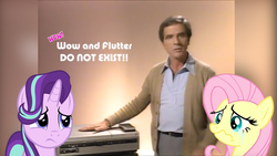 Size: 1334x750 | Tagged: safe, fluttershy, starlight glimmer, human, pegasus, pony, unicorn, crying, female, frown, irl, irl human, laserdisc, male, mare, meme, photo, sad, wow! glimmer