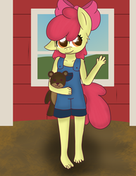 Size: 2550x3300 | Tagged: safe, artist:skyflys, apple bloom, earth pony, anthro, plantigrade anthro, g4, barefoot, clothes, colored pupils, cute, feet, female, high res, overalls, smiling, solo, teddy bear