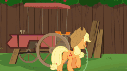 Size: 600x338 | Tagged: safe, edit, edited screencap, editor:redweasel, screencap, applejack, earth pony, pony, g4, the cart before the ponies, animated, caption, cart, female, image macro, kicking, meme, mouth hold, no spoilers, ribbon, solo, spoiler