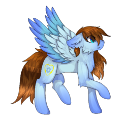 Size: 625x600 | Tagged: safe, artist:czywko, oc, oc only, oc:minepoke, pegasus, pony, art trade, blue, blue eyes, brown mane, cheek fluff, colored wings, digital art, ear fluff, female, fluffy, gradient hooves, gradient wings, mare, pixel art, raised hoof, simple background, solo, speedpaint available, spread wings, transparent background, wings