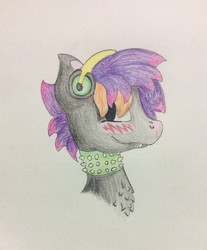 Size: 1060x1280 | Tagged: safe, artist:andandampersand, oc, oc only, oc:claudia, bat pony, blushing, bust, chest fluff, collar, fangs, headphones, portrait, spiked collar, traditional art