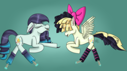 Size: 1084x605 | Tagged: safe, alternate version, artist:rose-blade, coloratura, songbird serenade, earth pony, pegasus, pony, g4, my little pony: the movie, bow, clothes, duo, ear fluff, female, gradient background, hair bow, hair over eyes, laughing, mare, signature, socks, striped socks, tickling