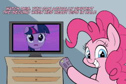 Size: 1224x816 | Tagged: safe, artist:heir-of-rick, pinkie pie, twilight sparkle, alicorn, pony, g4, once upon a zeppelin, animated, crying, dialogue, female, floppy ears, male, mare, remote control, simpsons did it, television, the simpsons, twilight sparkle (alicorn)