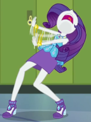 Size: 316x424 | Tagged: safe, screencap, rarity, best trends forever, equestria girls, equestria girls series, g4, best trends forever: rainbow dash, canterlot high, choose rainbow dash, cropped, do not want, female, geode of shielding, hallway, lockers, rarity peplum dress, solo