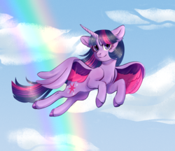 Size: 3996x3445 | Tagged: safe, artist:sannykat, twilight sparkle, alicorn, pony, g4, colored wings, female, flying, high res, looking at you, mare, multicolored wings, rainbow, smiling, solo, twilight sparkle (alicorn), wings