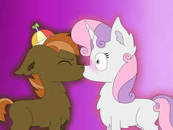 Size: 1600x1200 | Tagged: safe, artist:ferretlovr257, button mash, sweetie belle, earth pony, pony, unicorn, g4, blushing, colt, duo, eyes closed, female, filly, foal, kiss on the lips, kissing, male, ship:sweetiemash, shipping, straight, surprise kiss