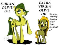 Size: 1250x980 | Tagged: safe, artist:chopsticks, oc, oc only, oc:extra virgin olive oil, oc:virgin olive oil, earth pony, pegasus, pony, blank flank, blushing, cheek fluff, chest fluff, cute, cutie mark, dialogue, female, filly, mare, olive oil, this will end in pregnancy, virgin