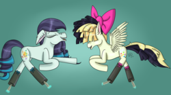 Size: 1084x605 | Tagged: safe, alternate version, artist:rose-blade, coloratura, songbird serenade, earth pony, pegasus, pony, g4, my little pony: the movie, bow, clothes, duo, ear fluff, eyes closed, feather, female, fetish, gradient background, hair bow, hair over eyes, hoof fetish, hoof tickling, laughing, mare, open mouth, rara, signature, socks, stockings, thigh highs, tickling