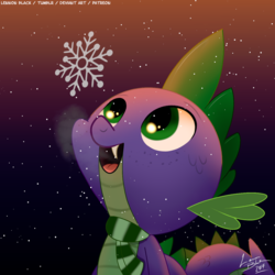 Size: 1200x1200 | Tagged: safe, artist:lennonblack, spike, dragon, g4, baby, baby dragon, breath, clothes, cute, fangs, green eyes, looking up, male, scales, scarf, signature, smiling, snow, snowfall, snowflake, solo, spikabetes, watermark