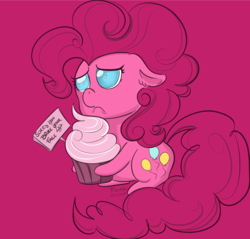 Size: 2400x2290 | Tagged: safe, artist:firimil, pinkie pie, earth pony, pony, g4, cupcake, female, food, high res, sad, sad face, sign, simple background, solo