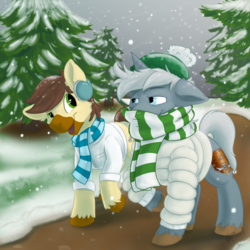 Size: 1280x1280 | Tagged: safe, artist:scruffy-scribbles, oc, oc only, oc:ardent shield, oc:caspasin42, earth pony, pony, unicorn, clothes, coat, earmuffs, hat, lab coat, scarf, snow, tree, winter