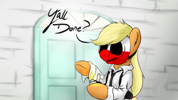 Size: 6400x3600 | Tagged: safe, artist:theravencriss, applejack, earth pony, pony, g4, absurd resolution, clothes, crossover, door, female, lighter, mare, mask, payday, payday 2, reservoir dogs, solo, wolf (payday)