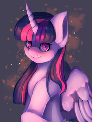 Size: 1098x1463 | Tagged: safe, artist:neonishe, twilight sparkle, alicorn, pony, g4, bust, female, looking at you, mare, portrait, smiling, solo, twilight sparkle (alicorn)