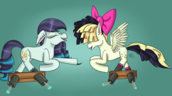 Size: 1084x605 | Tagged: safe, alternate version, artist:rose-blade, coloratura, songbird serenade, earth pony, pegasus, pony, g4, my little pony: the movie, clothes, ear fluff, eyes closed, feather, female, fetish, hoof fetish, hoof tickling, laughing, mare, open mouth, rara, socks, stockings, stocks, thigh highs, tickling